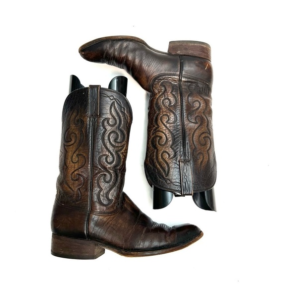 LUCCHESE | Vintage 1970s mens brown marbled leather western style cowboy boots - Picture 2 of 9
